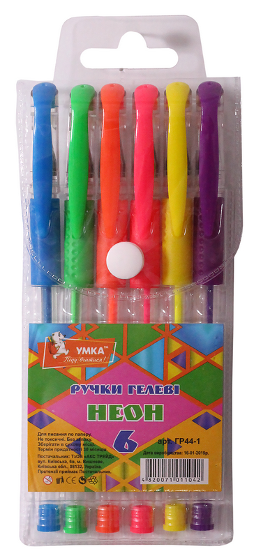 Набір гелевих ручок прогум грип, 6кол., Neon ГР44-1, Умка Набір гелевих ручок прогум грип, 6кол., Neon ГР44-1, Умка