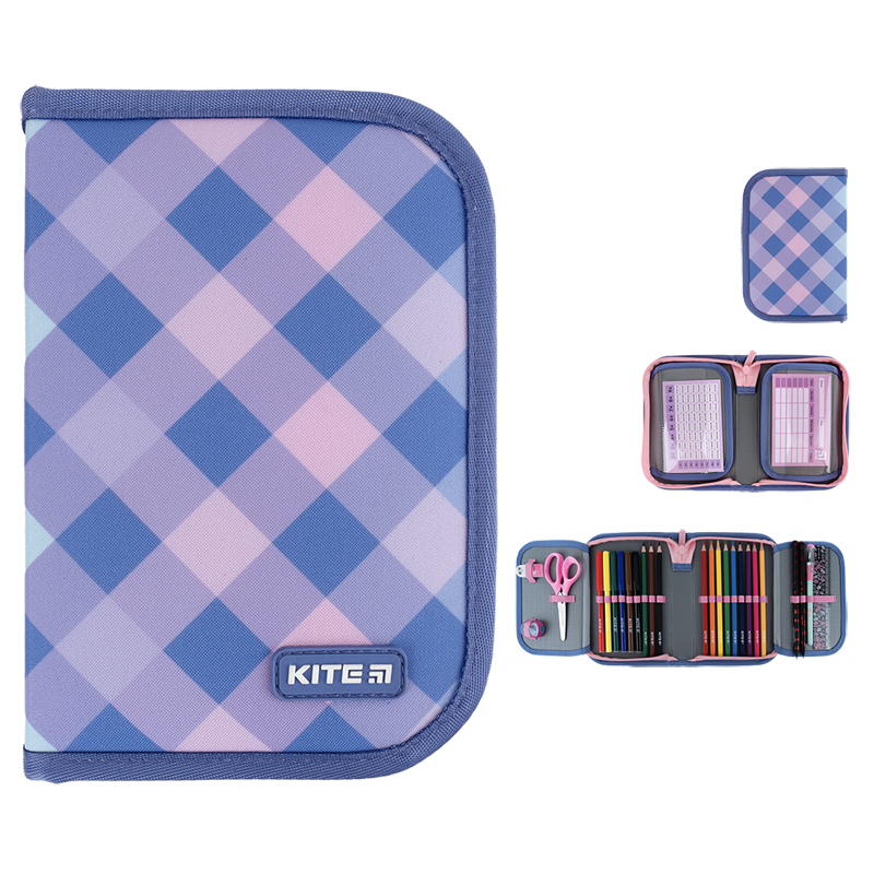 Пенал Kite 1 від., 2 відв.,з наповненням K24-622H-3 Purple Chequer