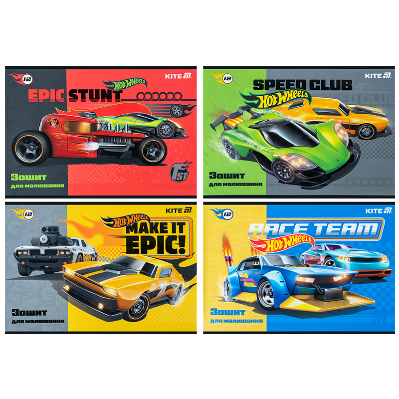Зошит для малювання, 12 арк., скоба, софт тач + УФ лак, Hot Wheels HW25-241 Kite