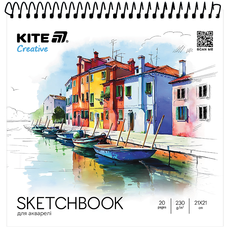 Скетчбук для акварелі, 21*21 см, 20 арк., спіраль, Kite Creative K-1285