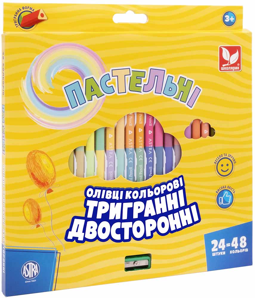 Олівці кольорові тригранні двосторонні пастельні кольори + чинка - 48 кольорів (24 шт.) 312120005-UA