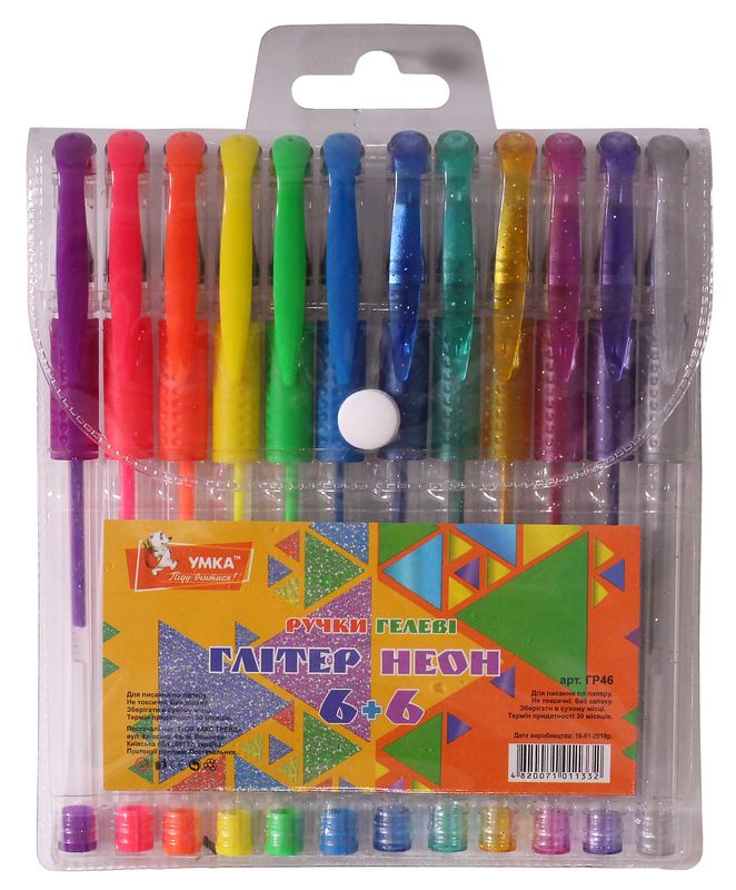 Набір гелевих ручок прогум грип, 6+6кол. глітер+неон ГР46 Набір гелевих ручок прогум грип, 6+6кол. глітер+неон ГР46