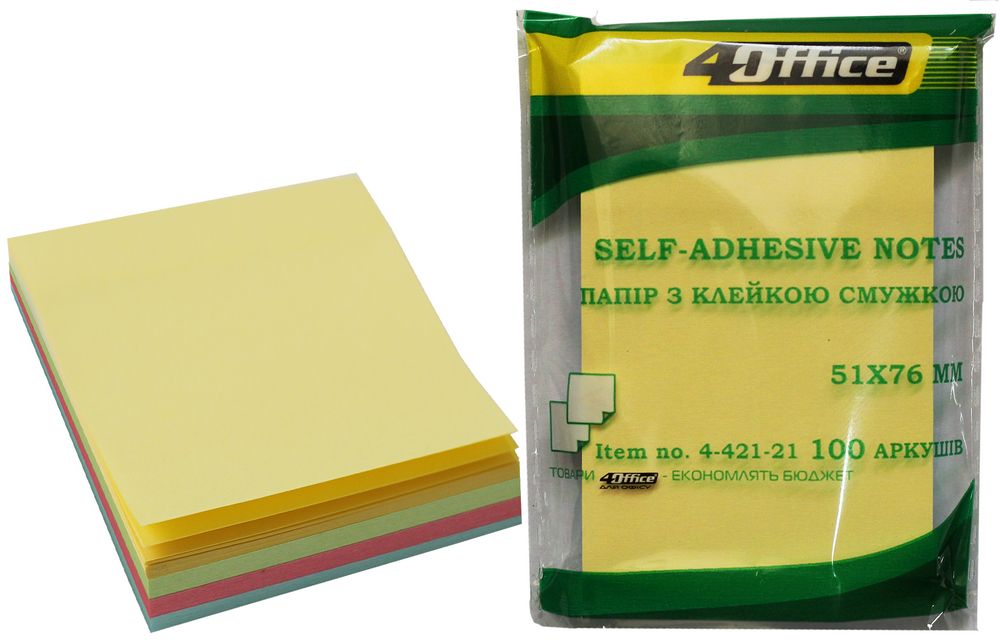 Папір з клейкою смужкою 51*76мм. 100арк., 4кол.*25арк., мікс, 4-421-21, 4Office