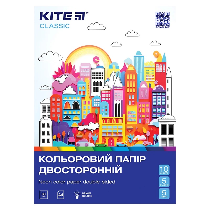 Папір кольоровий двостор. (10арк/5 неон+5 звич), А4 Kite Classiс K-288