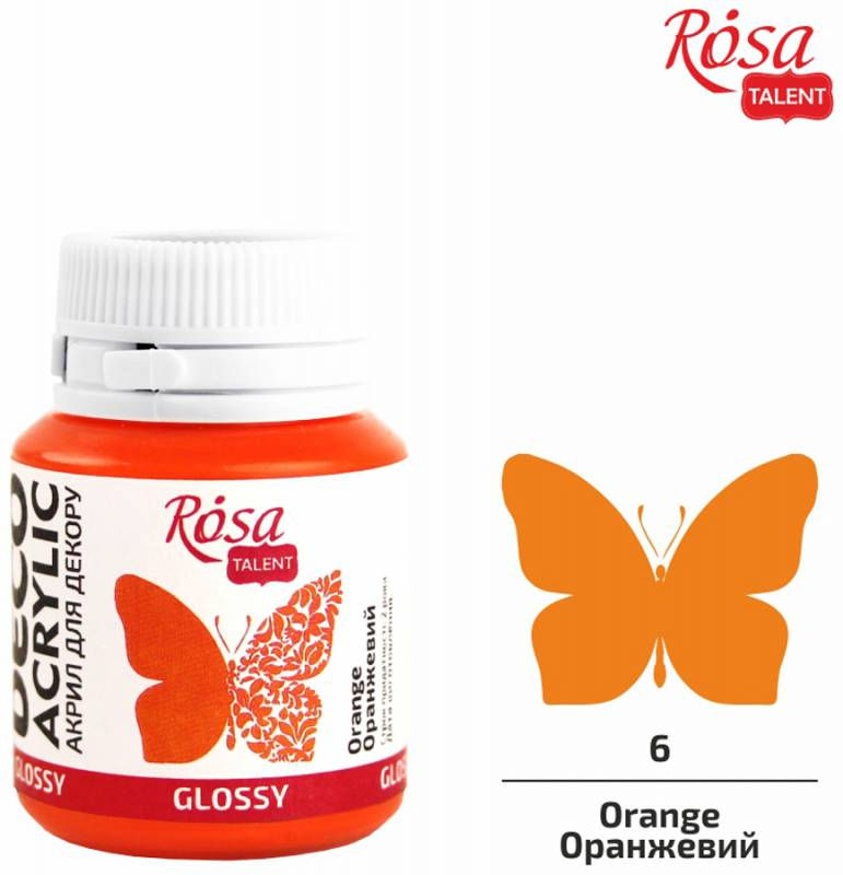 Акрил для декору 06, Оранжевий, глянцевий, 20 мл, ROSA Talent