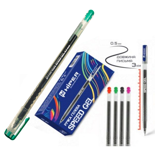 Ручка гелева Hiper Speed Gel, 0.5мм. 3 км. зелена, HG-911