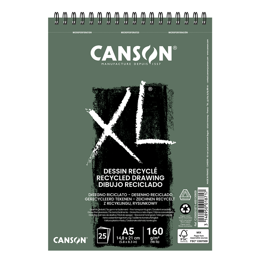 Альбом для рисунку на спіралі XL Recycled, А5 (14,8*21см), 160г/м2, 25л, білий колір, дрібне зерно, Canson Альбом для рисунку на спіралі XL Recycled, А5 (14,8*21см), 160г/м2, 25л, білий колір, дрібне зерно, Canson