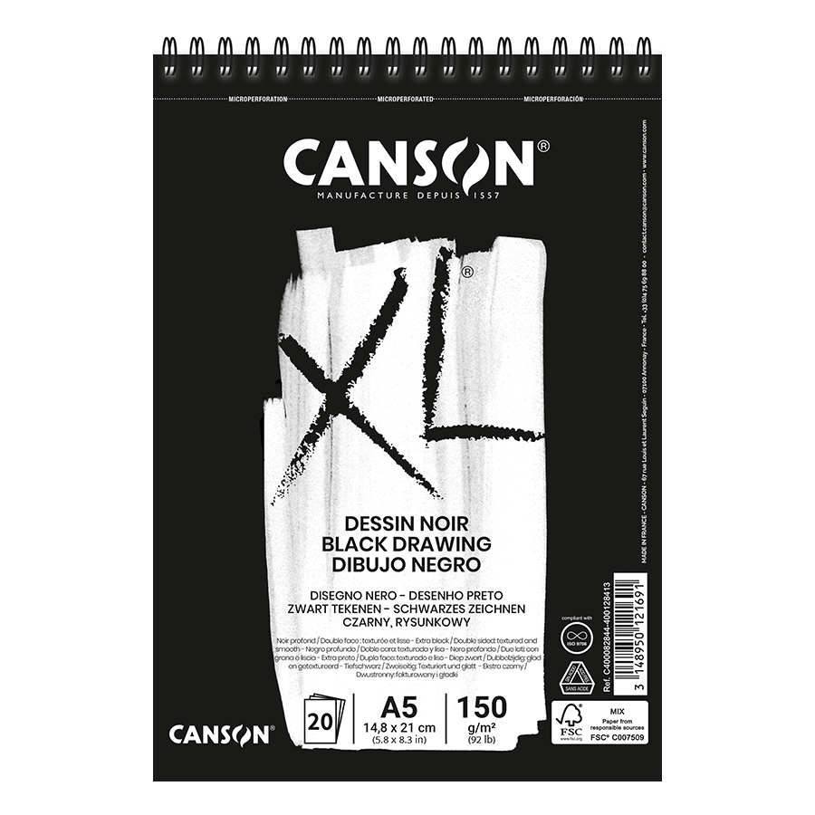 Альбом для ескізів на спіралі XL Dessin Black, А5 (14,8*21см), 150г/м2, 30л, чорний колір, Canson Альбом для ескізів на спіралі XL Dessin Black, А5 (14,8*21см), 150г/м2, 30л, чорний колір, Canson