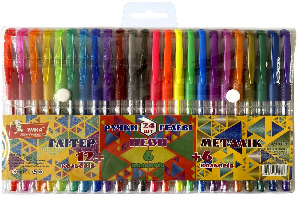 Набір гелевих ручок прогум грип, 24кол., Metallic+Neon+Glitter ГР54 Умка Набір гелевих ручок прогум грип, 24кол., Metallic+Neon+Glitter ГР54 Умка