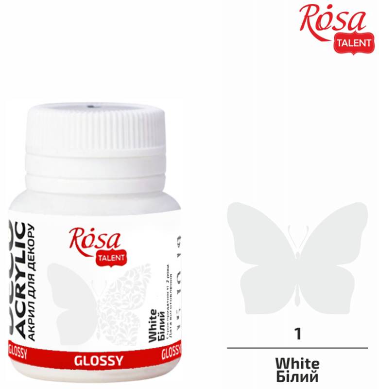Акрил для декору 01, Бiлий, глянцевий, 20 мл, ROSA Talent