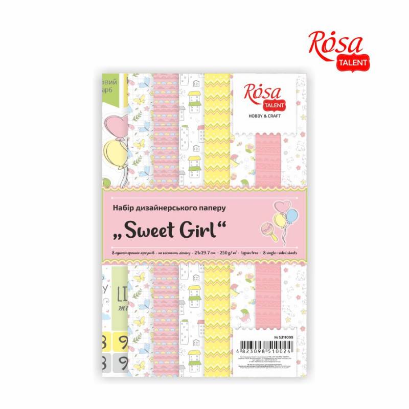 Набір дизайнерського паперу „Sweet Girl“ А4, 250гр, 8арк, одностор, глянцевий, ROSA Talent