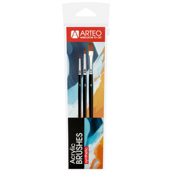 Набір пензлів 1, синтетика, 3шт, кругла (№1,3), плоска (№ 8), к.р, Arteo Набір пензлів 1, синтетика, 3шт, кругла (№1,3), плоска (№ 8), к.р, Arteo