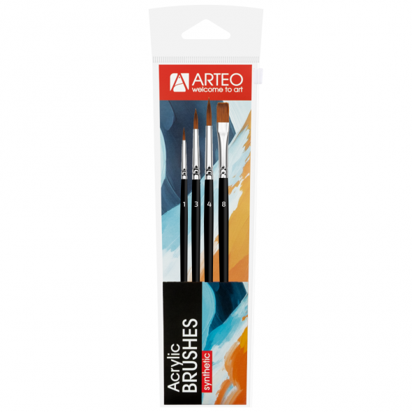 Набір пензлів 3, синтетика, 4шт, кругла (№1,3,4), плоска (№8), к.р, Arteo Набір пензлів 3, синтетика, 4шт, кругла (№1,3,4), плоска (№8), к.р, Arteo