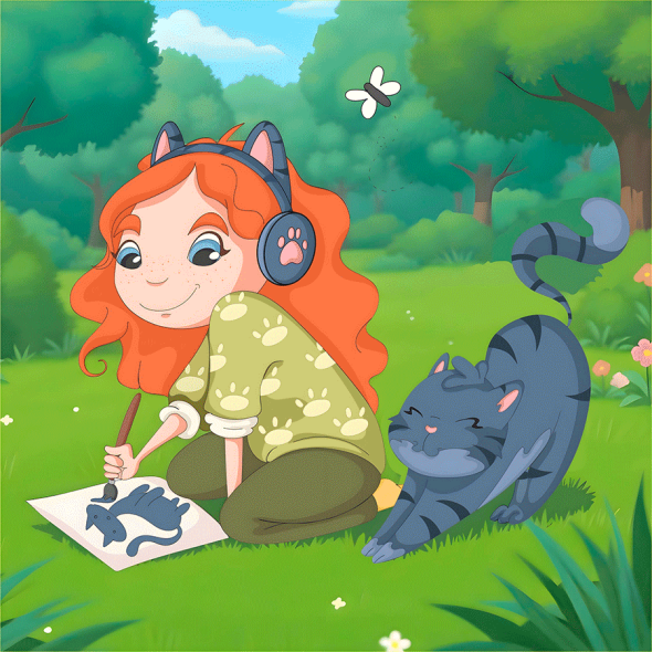 Полотно ґрунтоване з контуром, 20х20, „Дівчинка і котик“, бавовна, дрібне зерно, на основі ХДФ, Arteo