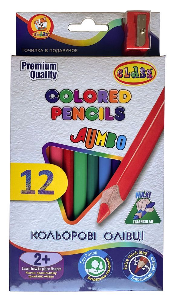 Олівці кольорові, тригранні, 12кол. + точилка,  JUMBO, 1812C, Class