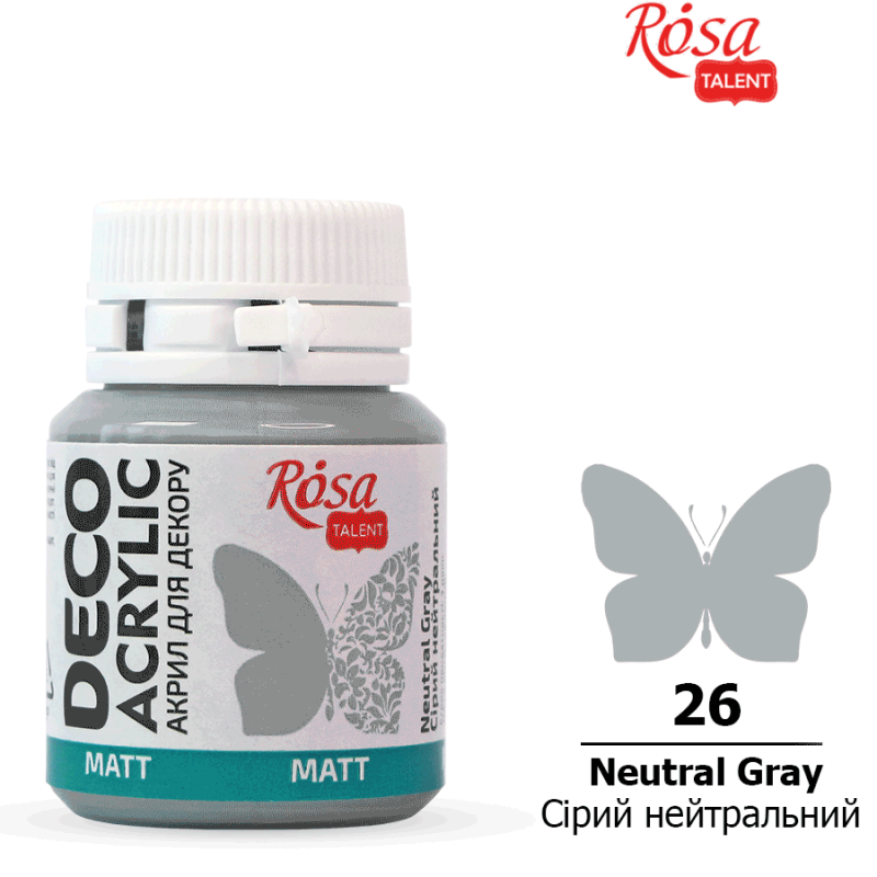 Акрил для декору 26, Сірий нейтральний, матовий, 20 мл, ROSA Talent