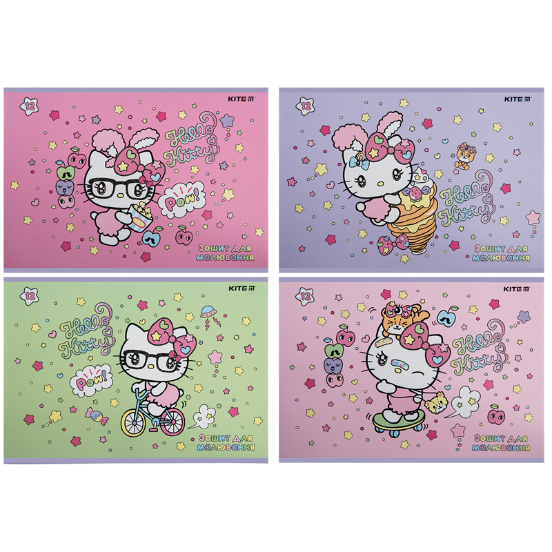 Зошит для малювання, 12 арк., скоба, УФ лак + глітер, Hello Kitty HK23-241 Kite