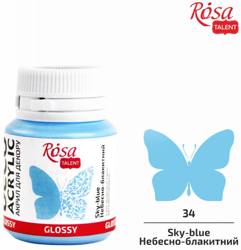 Акрил для декору 34, Небесно-блакитний, глянцевий, 20 мл, ROSA Talent