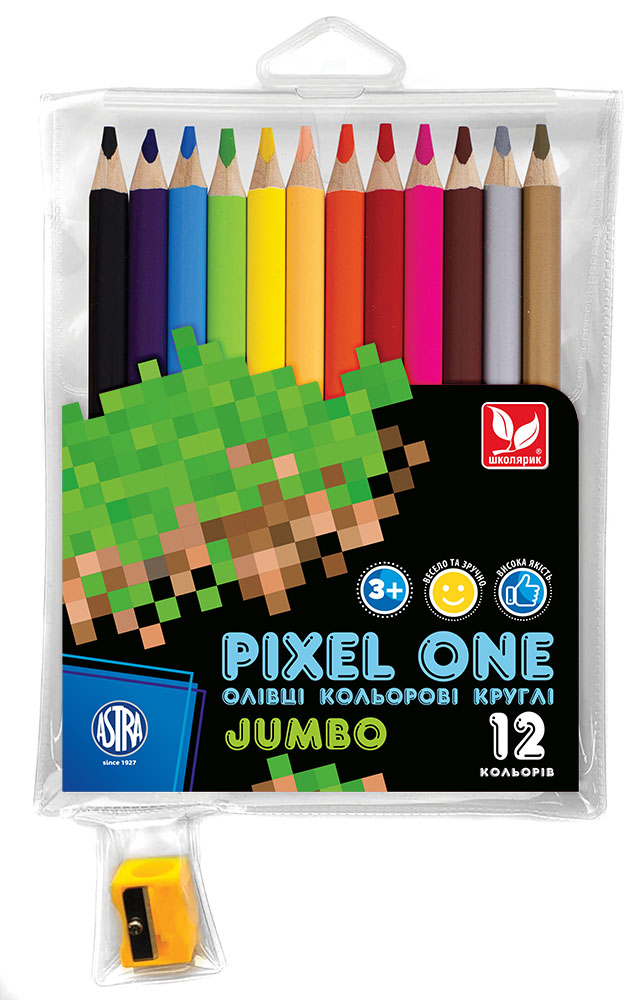 Олівці кольорові круглі Джамбо Pixel One 12 кольорів + чинка 312221005-UA Школярик